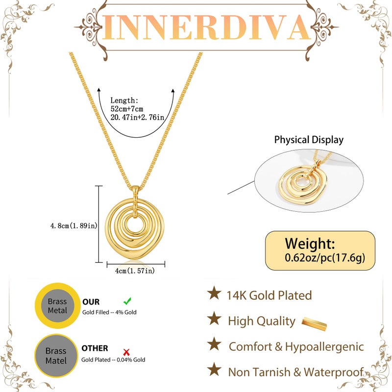 INNERDIVA Chunky Gold Pendant Necklace for Women 14k Gold Plated Big Large Dainty Statement Boho Spiral Swirl Charm Necklace with Circle Summer Beach Beachy Ocean Jewelry Coastal Vacation Accessories - Image 5