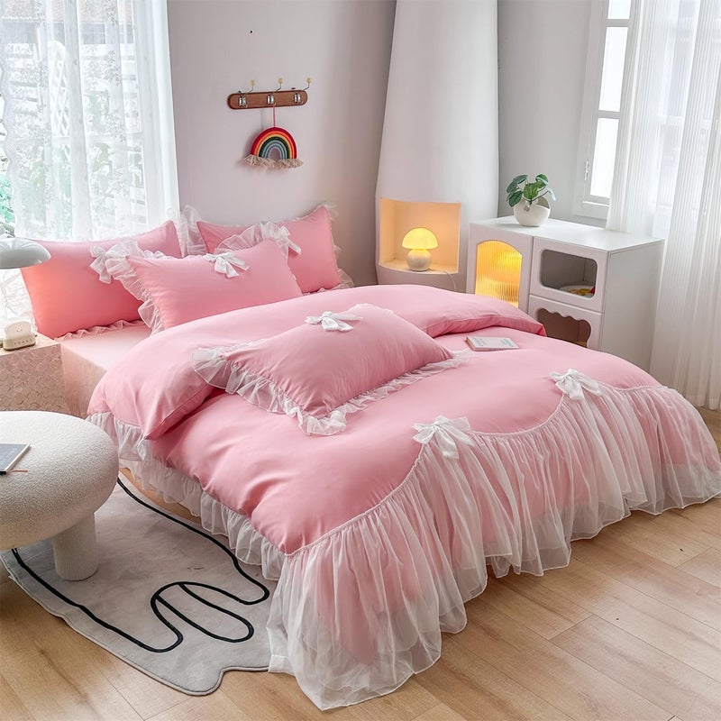 SOUKECHY Girls Lace Bedding,Full Comforter Cover Set, Chic Ruffled Duvet Cover with Lovely Bow,Princess Style 1 Duvet Cover with 2 Pillowcases, No Comforter-Bright Pink,Full Size - Image 2