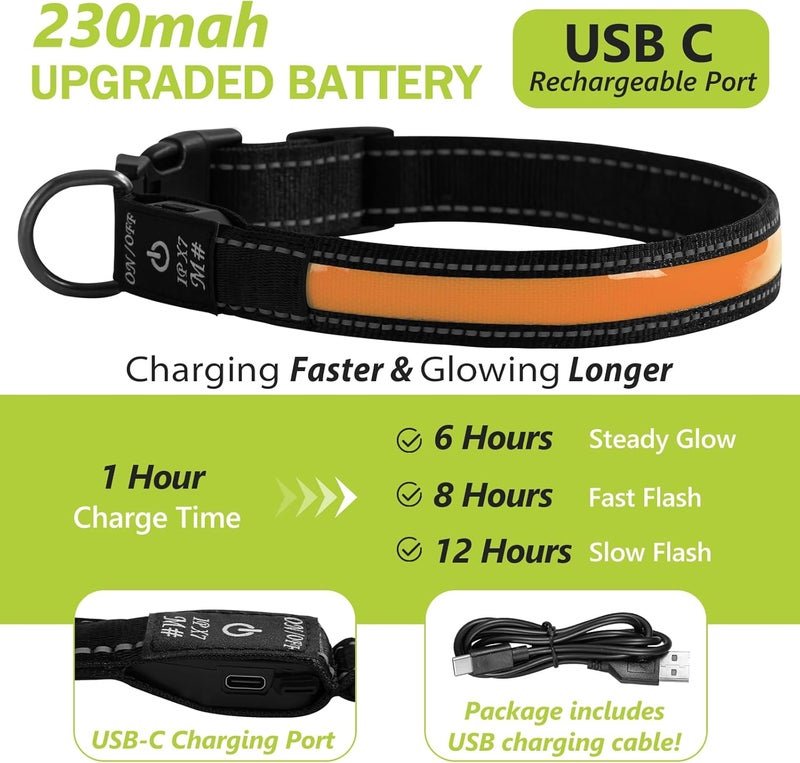 ROUWINNE Nylon Light Up Dog Collar for Dogs - Rechargeable LED Collar for Dogs at Night, Adjustable Waterproof Glow Collars (Orange, Pack of 1, S) - Image 3
