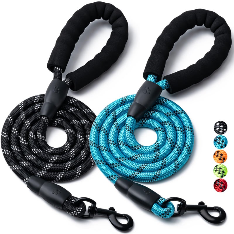BOOMIBOO 2 Pack Dog Leash, 4/5//6 FT Heavy Duty Nylon Rope Pet Leashes with Comfortable Padded Handle, Reflective Dog Leashes for Small Medium and Large Dogs (6FT-1/2,Black/Blue) - Image 1