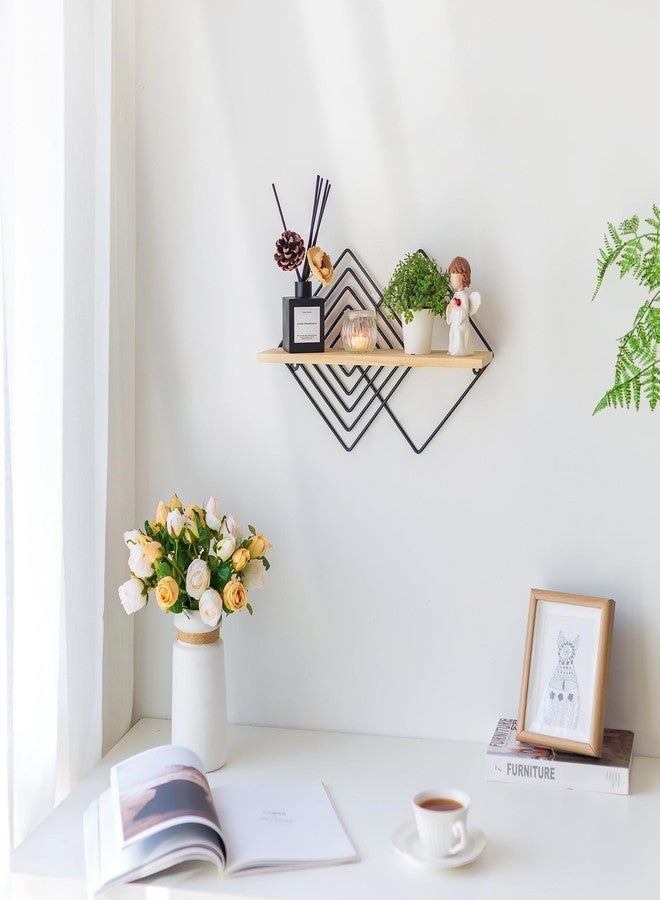Walasis Floating Shelves Modern Geometric - Bedroom Wall Shelf Black Hanging Shelf Wooden Shelves Decorative Wall Mounted Metal Decor Plant Display Set of 2 - Image 4