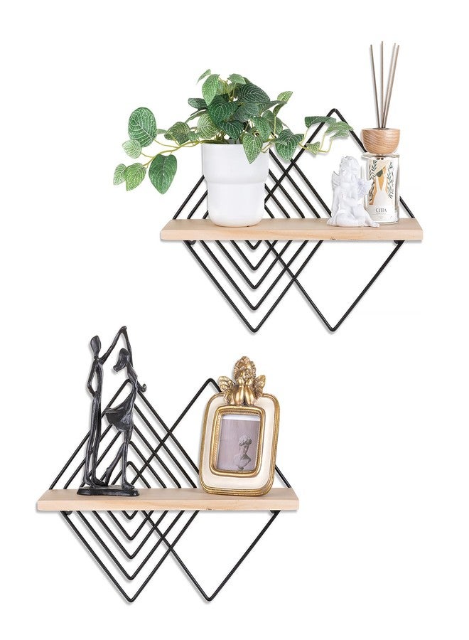 Walasis Floating Shelves Modern Geometric - Bedroom Wall Shelf Black Hanging Shelf Wooden Shelves Decorative Wall Mounted Metal Decor Plant Display Set of 2 - Image 1