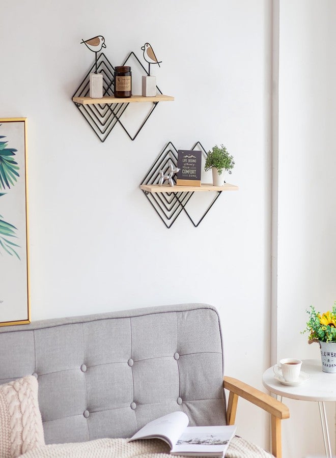 Walasis Floating Shelves Modern Geometric - Bedroom Wall Shelf Black Hanging Shelf Wooden Shelves Decorative Wall Mounted Metal Decor Plant Display Set of 2 - Image 2