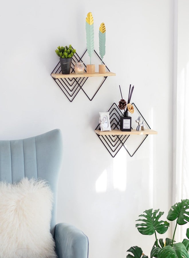 Walasis Floating Shelves Modern Geometric - Bedroom Wall Shelf Black Hanging Shelf Wooden Shelves Decorative Wall Mounted Metal Decor Plant Display Set of 2 - Image 3