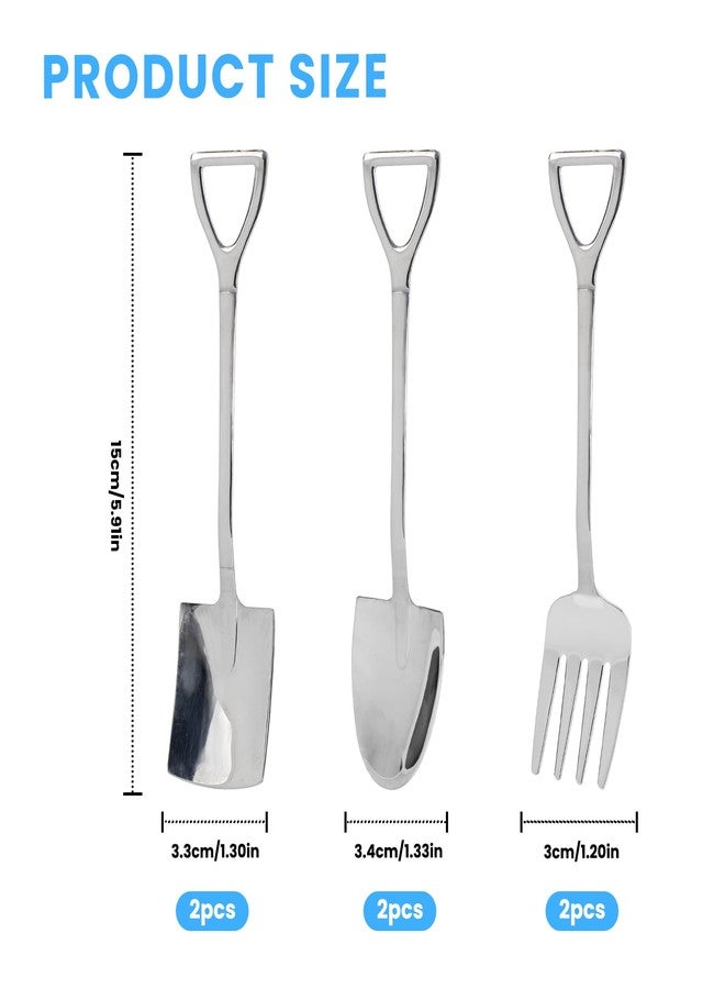 Gabrella 6 Pcs Silver Mini Shovel Spoons and Fork Set, 304 Stainless Steel Spade Shape Utensils 6 Inch Stirring Spoon, Ice Cream Spoons for Home Party Kitchen Restaurant Bistro - Image 2