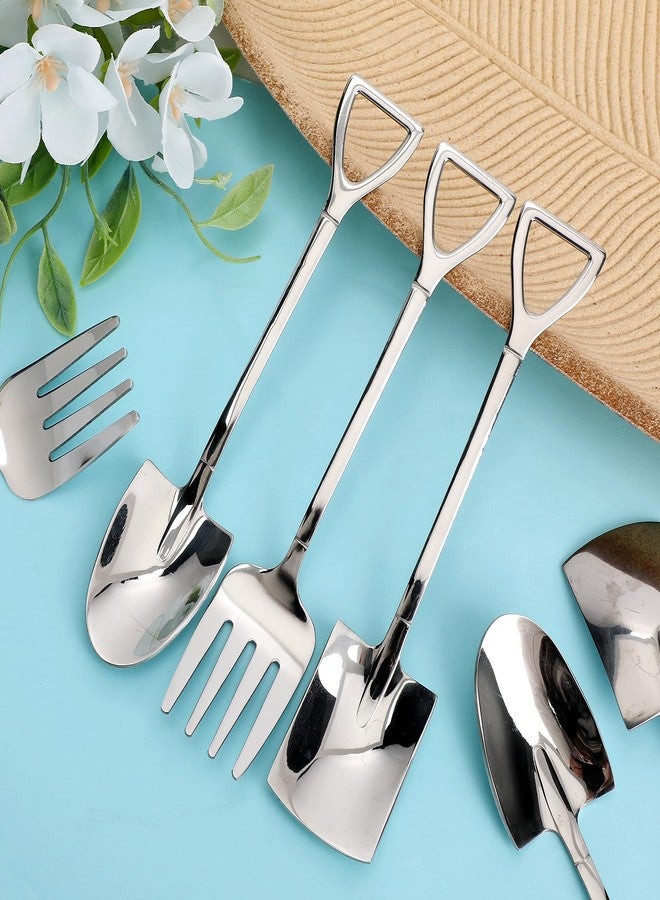 Gabrella 6 Pcs Silver Mini Shovel Spoons and Fork Set, 304 Stainless Steel Spade Shape Utensils 6 Inch Stirring Spoon, Ice Cream Spoons for Home Party Kitchen Restaurant Bistro - Image 4