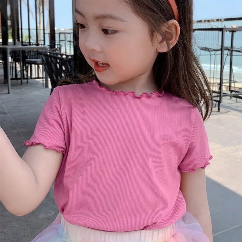 Girls' Casual Ice Silk Short-Sleeved T-Shirt Korean Style Children'S Ear-Rimmed Top For Baby Girls All-Match Half-Sleeve - Image 3