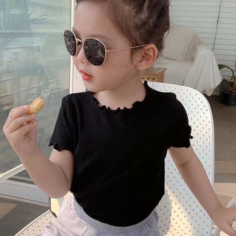 Girls' Casual Ice Silk Short-Sleeved T-Shirt Korean Style Children'S Ear-Rimmed Top For Baby Girls All-Match Half-Sleeve - Image 1