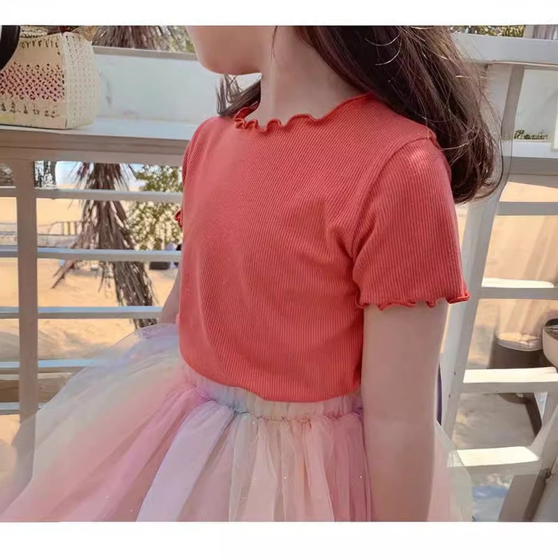 Girls' Casual Ice Silk Short-Sleeved T-Shirt Korean Style Children'S Ear-Rimmed Top For Baby Girls All-Match Half-Sleeve - Image 5