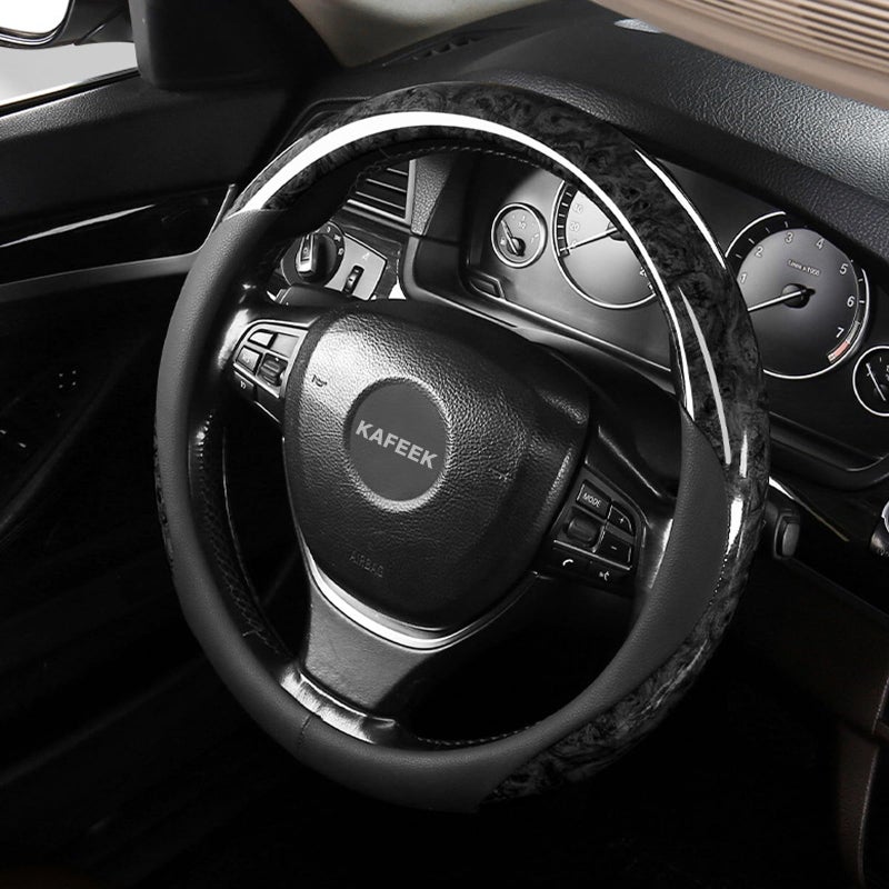 KAFEEK Wood Grain Steering Wheel Cover Microfiber Leather Universal 14 1/2-15 inch, Car Steering Wheel Cover Men Women, Comfortable, Anti-Slip, Odorless, Black - Image 3