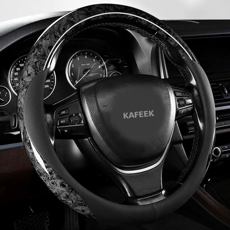 KAFEEK Wood Grain Steering Wheel Cover Microfiber Leather Universal 14 1/2-15 inch, Car Steering Wheel Cover Men Women, Comfortable, Anti-Slip, Odorless, Black - Image 1