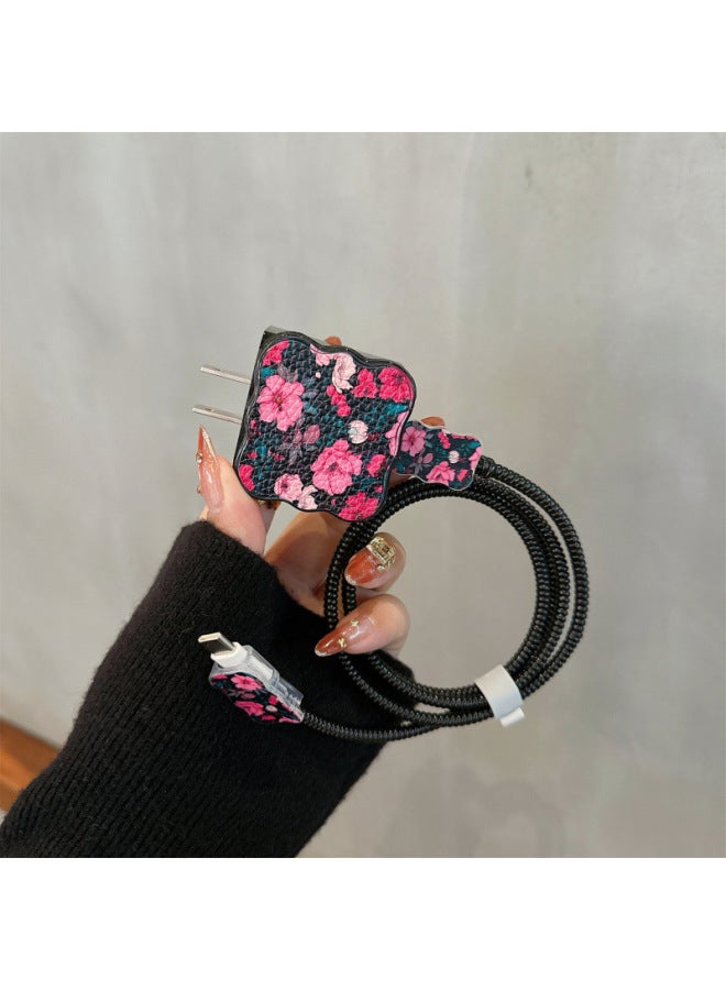 Data Cable Protective Cover For Apple 15 Charger 20 Wiphone16 14promax Female 13 Fast Charge 12 Shell-Color:Leather Flower Bush [4-piece Set]-Applicable Models:Apple 18w/20w  - Image 3