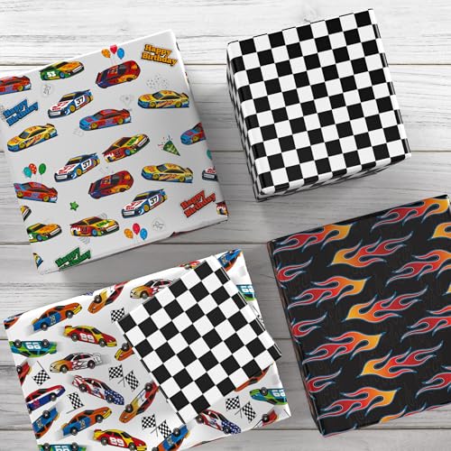 ZINTBIAL Race Car Wrapping Paper for Kids Birthday - Flames, Checkered Flags, Colorful Racing Cars and Happy Birthday Words Designs - 20 x 29 Inches, 8 Folded Sheets, Easy to Store… - Image 5