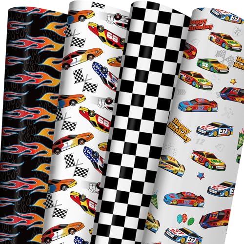 ZINTBIAL Race Car Wrapping Paper for Kids Birthday - Flames, Checkered Flags, Colorful Racing Cars and Happy Birthday Words Designs - 20 x 29 Inches, 8 Folded Sheets, Easy to Store… - Image 1