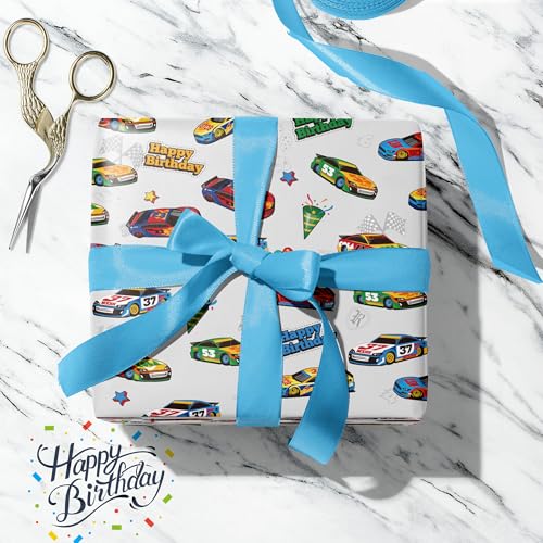 ZINTBIAL Race Car Wrapping Paper for Kids Birthday - Flames, Checkered Flags, Colorful Racing Cars and Happy Birthday Words Designs - 20 x 29 Inches, 8 Folded Sheets, Easy to Store… - Image 4
