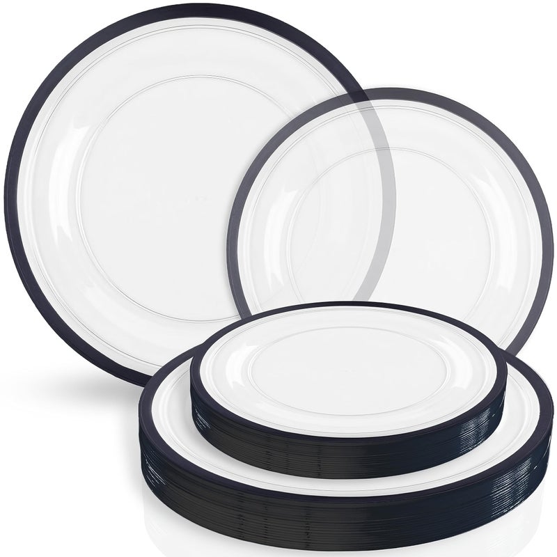 Blue Sky Contrast Collection Clear With Black Rim Combo Plate Set  7  16 Count  10  16 Count Round Plastic Disposable  Reusable Dinnerware for Parties and Events