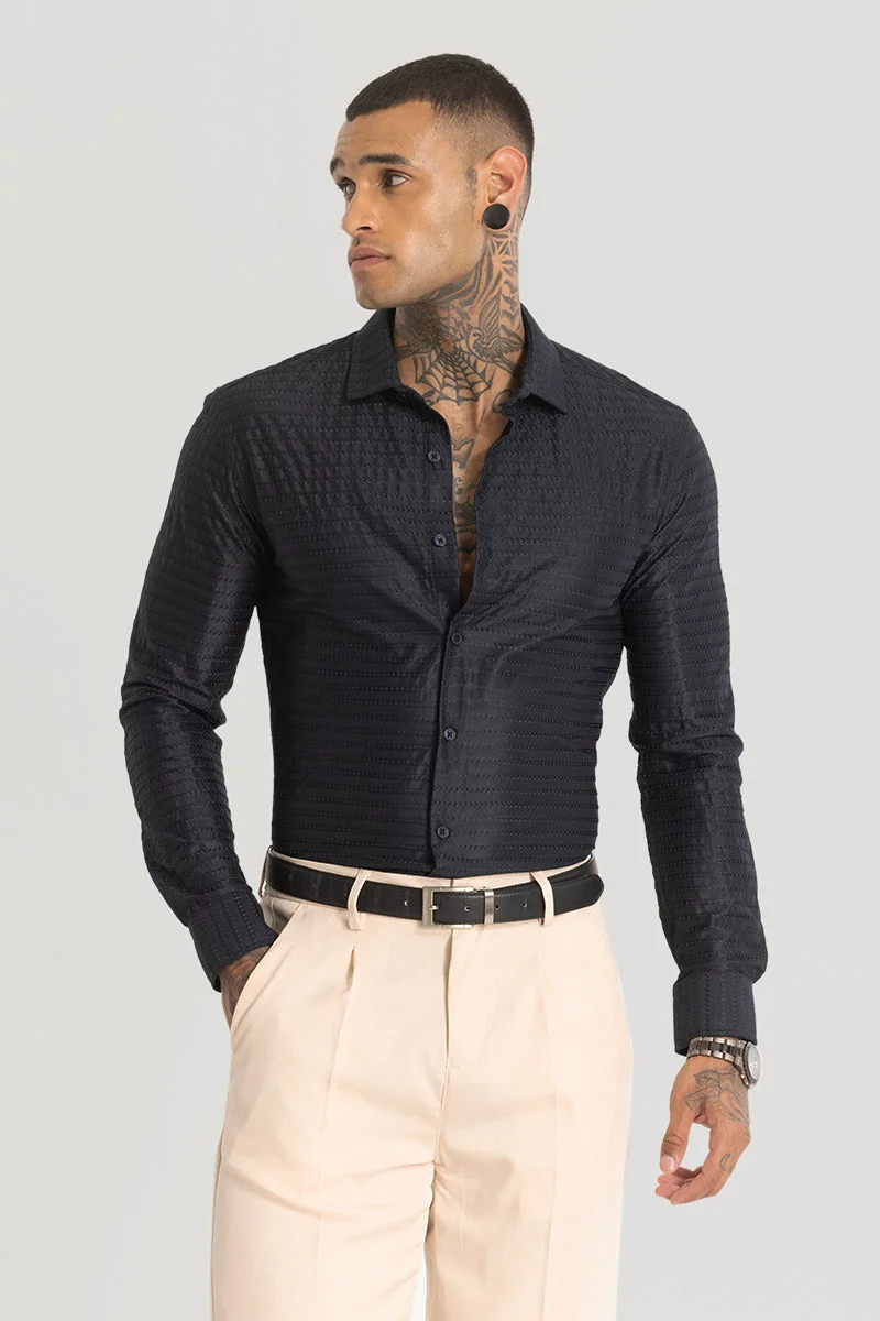 SNITCH Navy Embroidered Long Sleeve Slim Fit Shirt