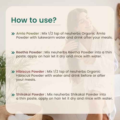 Neuherbs Amla, Reetha, Shikakai and Hibiscus Powder for Skin & Hair Care | Hair Growth & Hair Mask, 100g Each (Combo Pack of 4) | 100% Organic, Rich in Vitamins & Antioxidants - Image 4