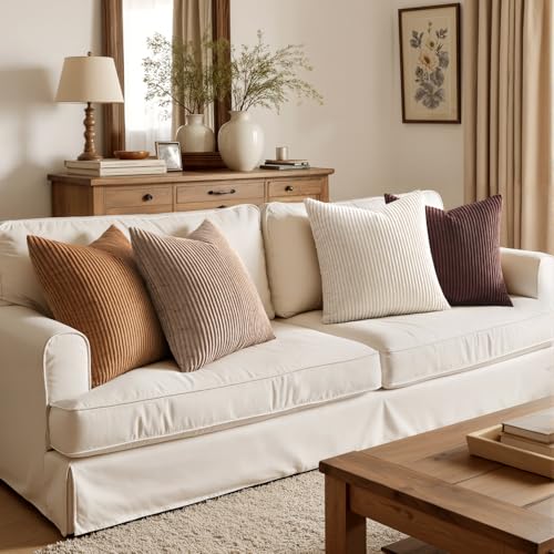 EMEMA Brown Decorative Throw Pillow Covers for Couch Bed Livingroom 18x18 Inch Set of 4 Boho Farmhouse Corduroy Striped Square Pillow CaseWestern Modern Cushion Covers Home Decor - Image 3