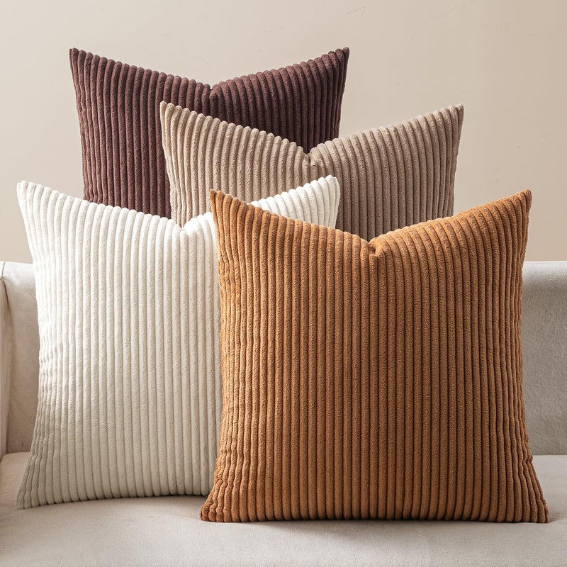 EMEMA Brown Decorative Throw Pillow Covers for Couch Bed Livingroom 18x18 Inch Set of 4 Boho Farmhouse Corduroy Striped Square Pillow CaseWestern Modern Cushion Covers Home Decor - Image 2