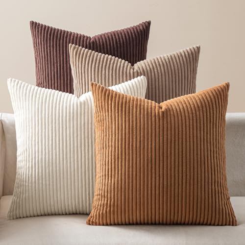 EMEMA Brown Decorative Throw Pillow Covers for Couch Bed Livingroom 18x18 Inch Set of 4 Boho Farmhouse Corduroy Striped Square Pillow CaseWestern Modern Cushion Covers Home Decor - Image 1