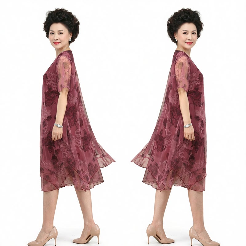 Summer Mother Mesh Print Dress Short Sleeve Loose Fit Tummy Control Slim Straight Dress - Image 1