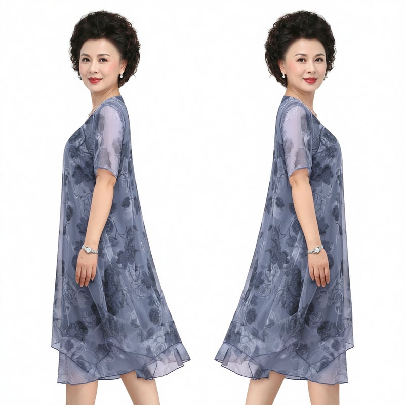 Summer Mother Mesh Print Dress Short Sleeve Loose Fit Tummy Control Slim Straight Dress - Image 3
