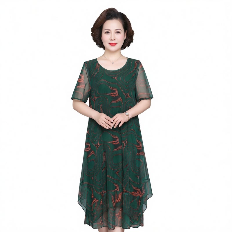 Summer Mother Mesh Print Dress Short Sleeve Loose Fit Tummy Control Slim Straight Dress - Image 2