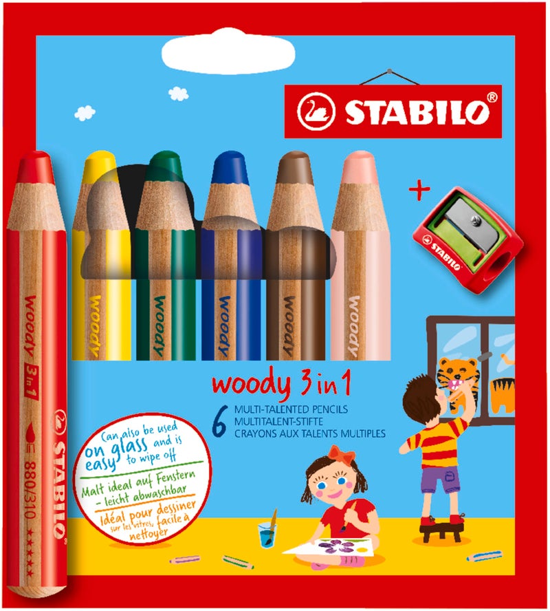 STABILO Multi-Talented Pencil woody 3 in 1 - Pack of 6 - Assorted Colors with Sharpener - Image 1