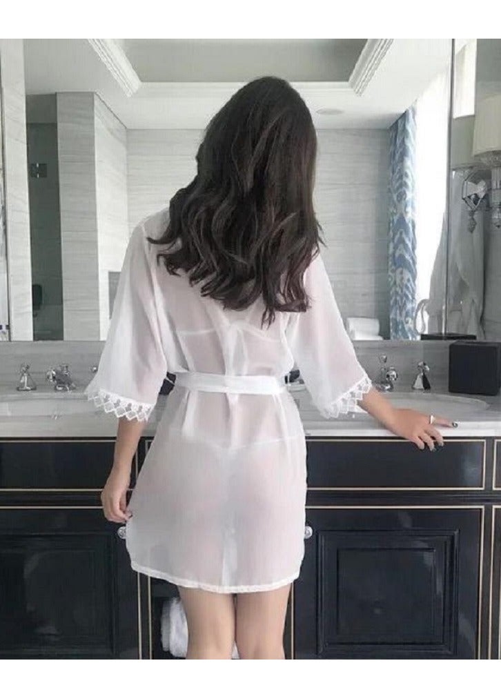 ملابس نوم نسائية دانتيل متباين ورقبة على شكل حرف V وأكمام طويلة وحزام ملابس نوم.  - Image 1