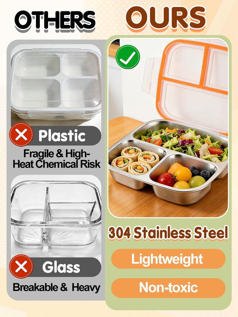 Alphatool 2 pcs Portable Stainless Steel Snack Containers for Kids - 3 Compartments Includes 10 oz & 5 oz, Dishwasher Safe Lunch Box Bento Box for School Office - Image 2