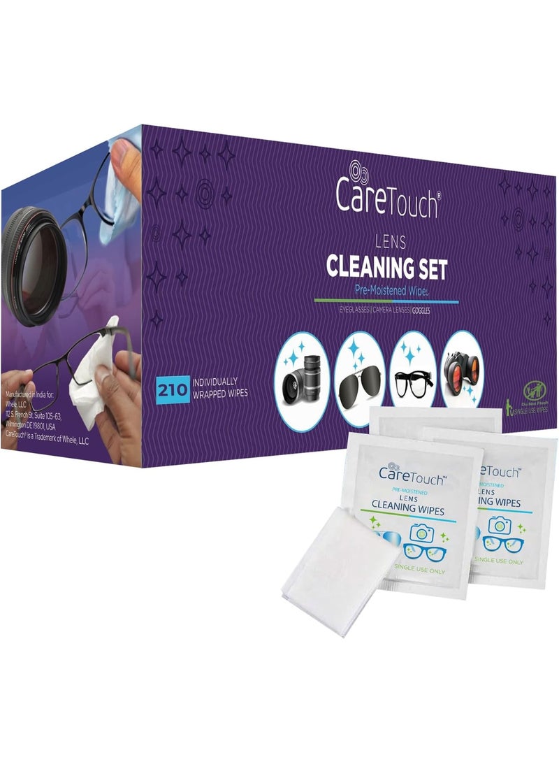 Care Touch Lens Wipes for Eyeglasses - 210 Individually Wrapped Pre-Moistened Wipes, 5x6 Inches - Cleaner for Glasses, Sunglasses, and Screens - Gentle and Portable for On-the-Go Cleaning of Devices