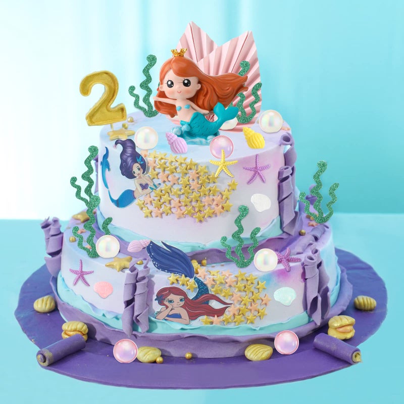 Hungdao 30 Pieces Mermaid Cake Topper Birthday Under the Sea Cake Decoration Resin Mermaid Doll Topper Bubble Starfish Shell Conch Sea Grass Picks for Party Baby Shower Wedding Supplies - Image 4