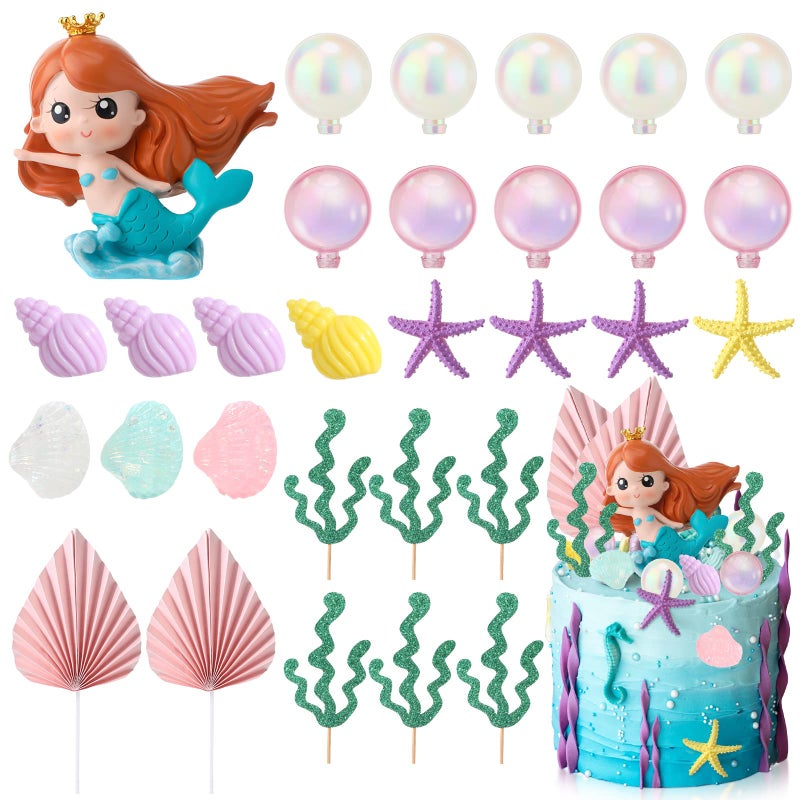 Hungdao 30 Pieces Mermaid Cake Topper Birthday Under the Sea Cake Decoration Resin Mermaid Doll Topper Bubble Starfish Shell Conch Sea Grass Picks for Party Baby Shower Wedding Supplies - Image 1