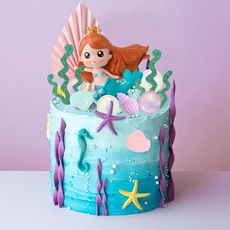 Hungdao 30 Pieces Mermaid Cake Topper Birthday Under the Sea Cake Decoration Resin Mermaid Doll Topper Bubble Starfish Shell Conch Sea Grass Picks for Party Baby Shower Wedding Supplies - Image 5