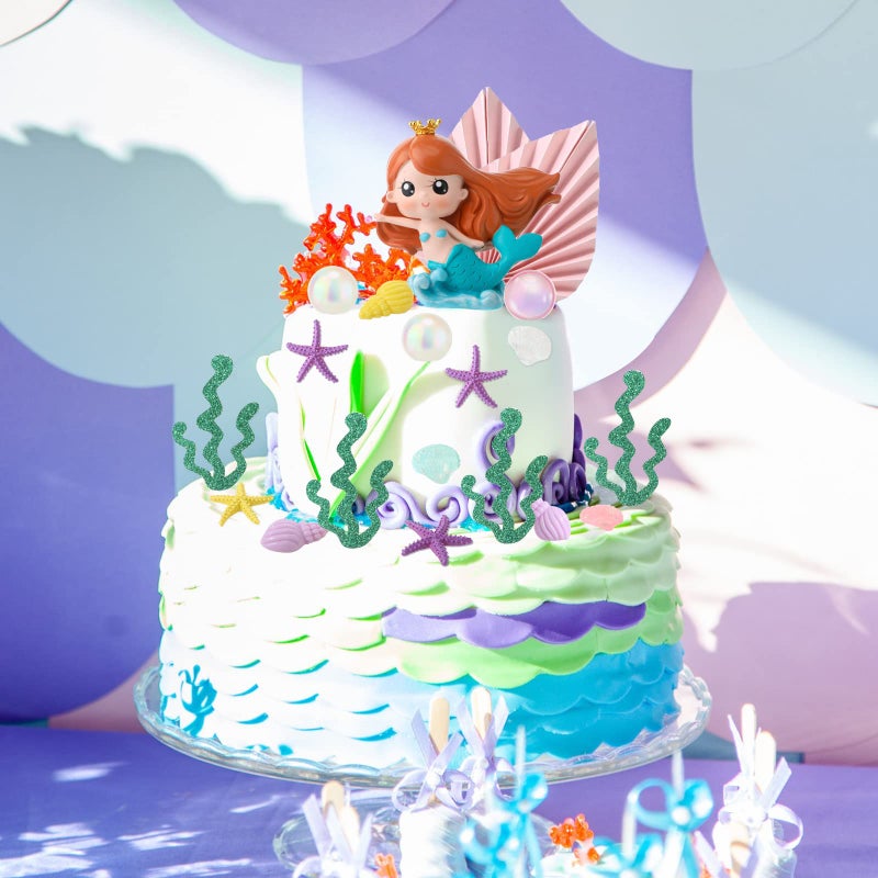 Hungdao 30 Pieces Mermaid Cake Topper Birthday Under the Sea Cake Decoration Resin Mermaid Doll Topper Bubble Starfish Shell Conch Sea Grass Picks for Party Baby Shower Wedding Supplies - Image 3