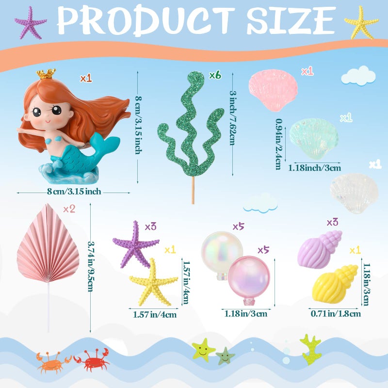 Hungdao 30 Pieces Mermaid Cake Topper Birthday Under the Sea Cake Decoration Resin Mermaid Doll Topper Bubble Starfish Shell Conch Sea Grass Picks for Party Baby Shower Wedding Supplies - Image 2