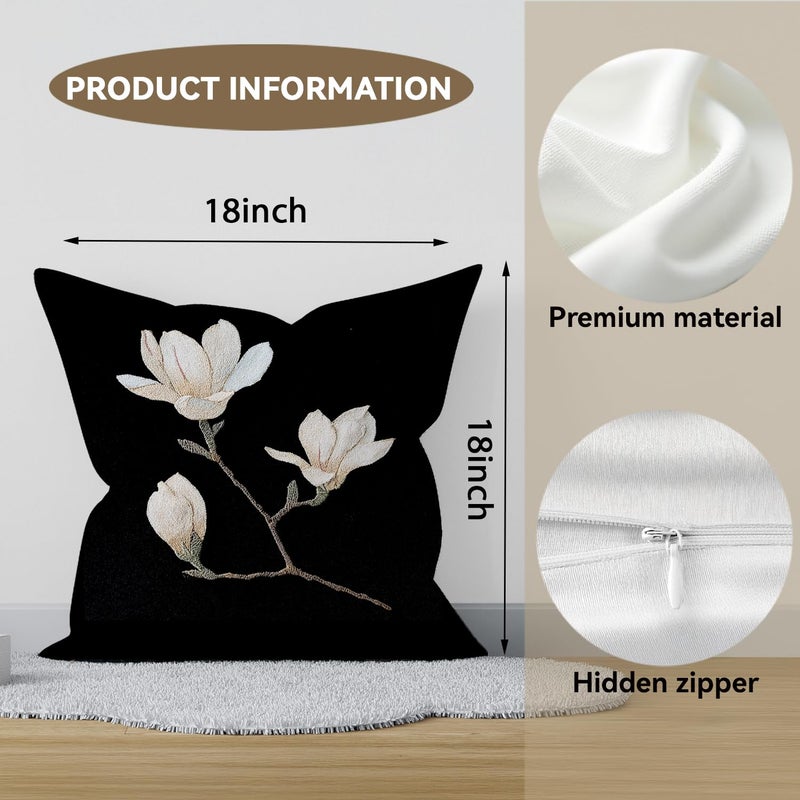 RBAFAO Vintage Floral Throw Pillow Cover 18x18 - White Magnolia Decor Pillowcase | Indoor Outdoor Cushion Case for Sofa Couch Bed Living Room Bedroom Home (Black, 18 x 18inch) - Image 2