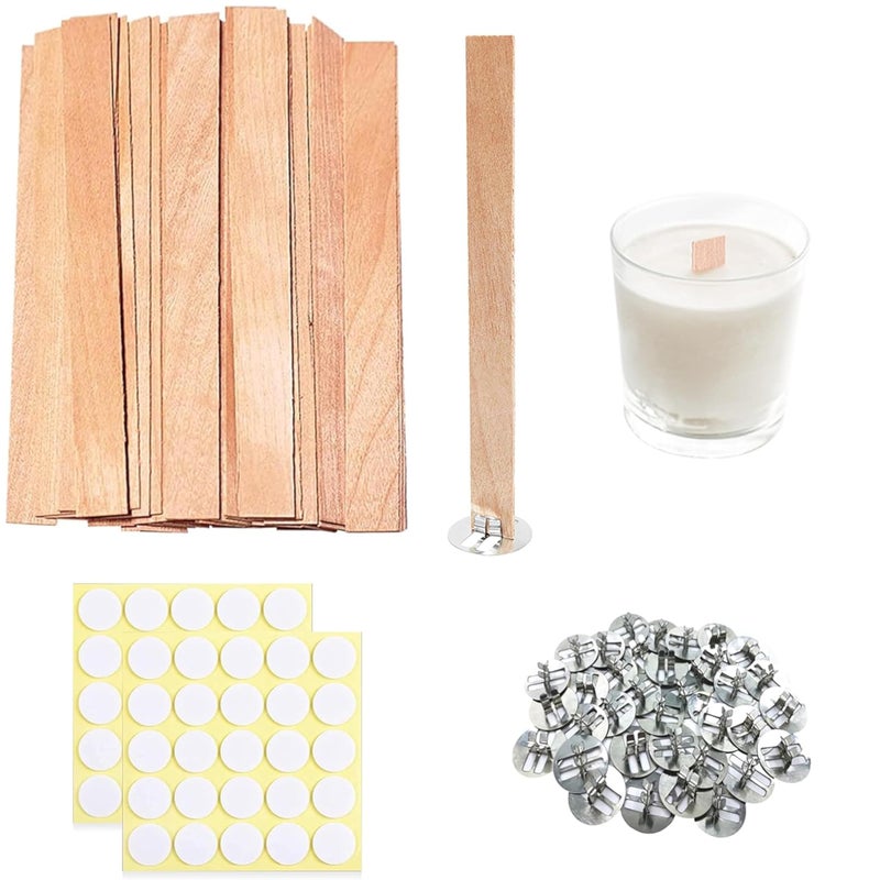 Visgaler 150 Pcs Thickned Wooden Candle Wicks 51 X 05 X 006 Inch Upgrade Crackling Wooden Wicks Long Lasting Smokeless Wood Wicks with Iron Standers Wick Stickers and Warning Labels 50 Sets