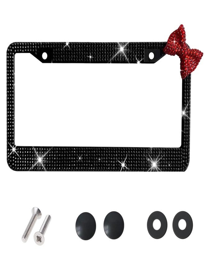 Wanheart Bling License Plate Frame for Women, Premium Stainless Steel Rhinestone License Plate Holder,Handmade Glitter Crystal Diamond Girl Lincense Plate Tag Cover (Black +Red Bow) - Image 1