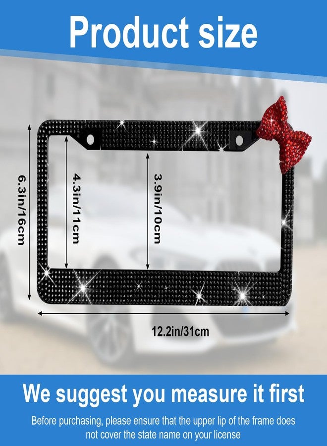 Wanheart Bling License Plate Frame for Women, Premium Stainless Steel Rhinestone License Plate Holder,Handmade Glitter Crystal Diamond Girl Lincense Plate Tag Cover (Black +Red Bow) - Image 2