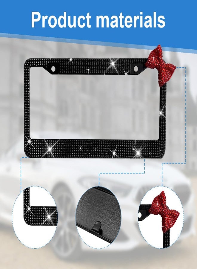 Wanheart Bling License Plate Frame for Women, Premium Stainless Steel Rhinestone License Plate Holder,Handmade Glitter Crystal Diamond Girl Lincense Plate Tag Cover (Black +Red Bow) - Image 4