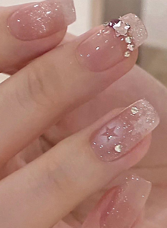 NIBEMINENT 24Pcs Fake Nails, Press Nails In Box,Long-length Flat head shaped Solid Pink Color Shiny Nail Art,White Star,Zircon, Fake Nail Patch - Image 1