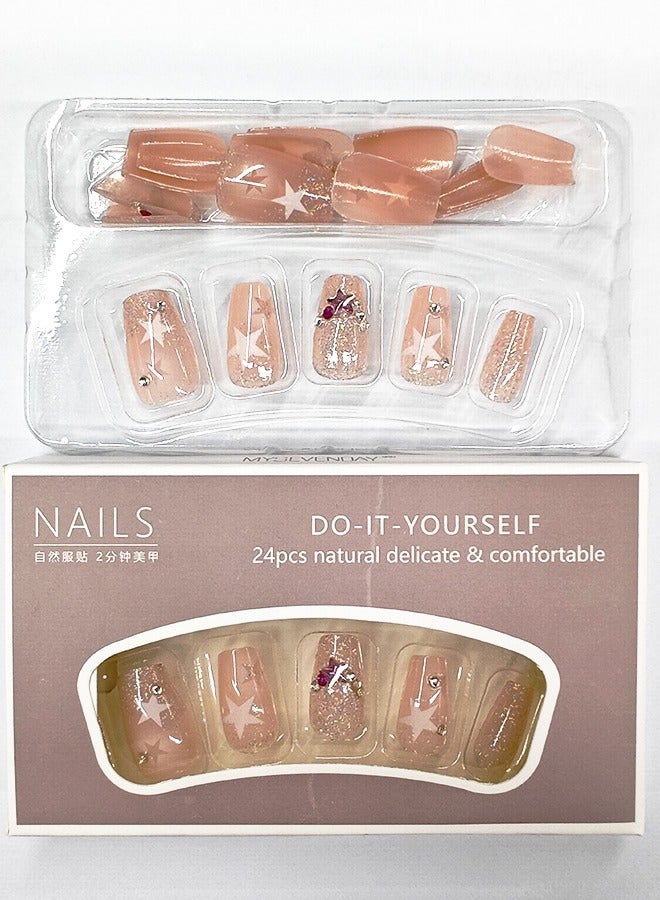 NIBEMINENT 24Pcs Fake Nails, Press Nails In Box,Long-length Flat head shaped Solid Pink Color Shiny Nail Art,White Star,Zircon, Fake Nail Patch - Image 3