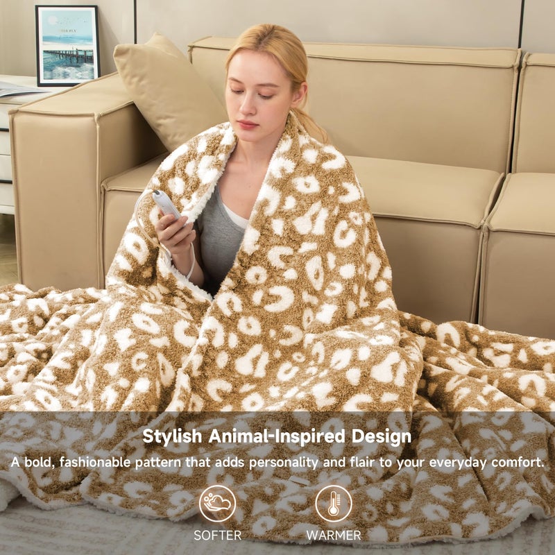 TiMiCalda Leopard Heated Throw Blanket - Soft Knitted Sherpa Electric Blanket with 4 Heat Levels 4 Hours Auto-Off, Electric Throw with Overheating Protection, Warm Gifts, 50"x60" - Image 2