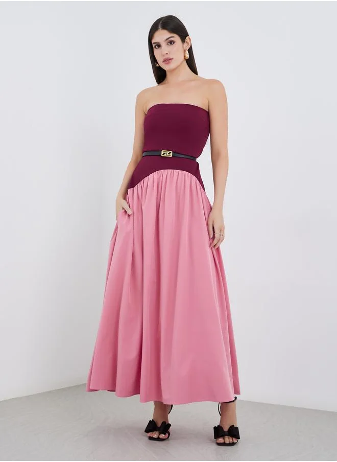 Styli Styli Women Color Block Strapless A-Line Maxi Dress with Belt Detail