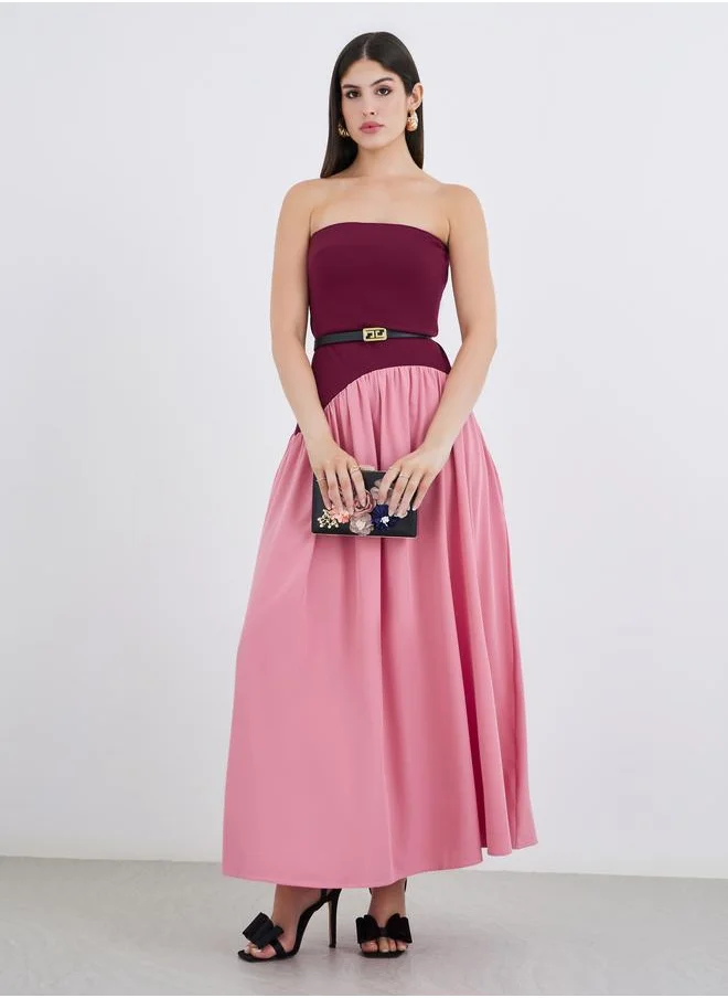 Styli Styli Women Color Block Strapless A-Line Maxi Dress with Belt Detail