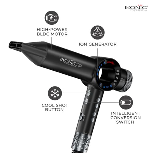 Ikonic 1600 Watts Revolutionary ID-2.0 Hair Dryer, 1600 BLDC Motor, 11000 RPM, 2 Magnetic Nozzles,1 Magnetic diffuser,ION Generator, Black and Metallic Silver - Image 2