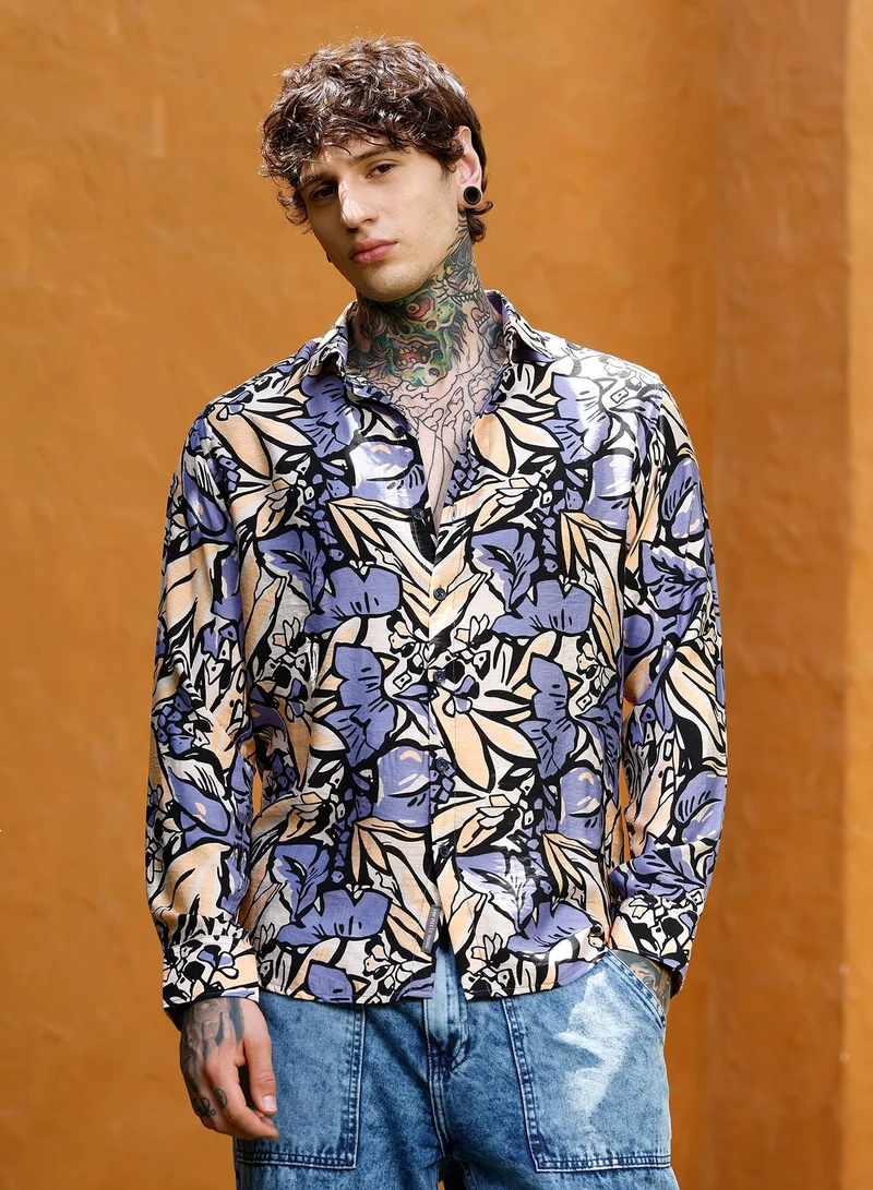 كامبوس سوترا قميص كامبس سوترا رجالي بطبعة نباتية بياقة عادية وأكمام طويلة بأزرار وحافة منحنية وطبعة زهور منسوجة للاستخدام اليومي والكاجوال بلون أزرق فولاذي وبيج إيكرو