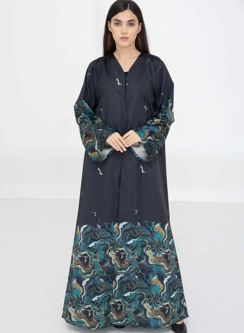 أم سكوير فاشن Black Taffeta Printed Open Abaya – Effortless Elegance